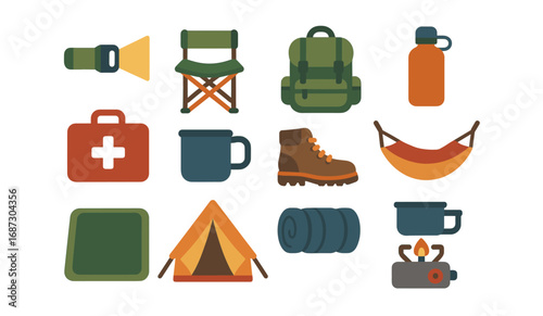 Camping and outdoor adventure flat icon set. hiking, nature exploration icons collection