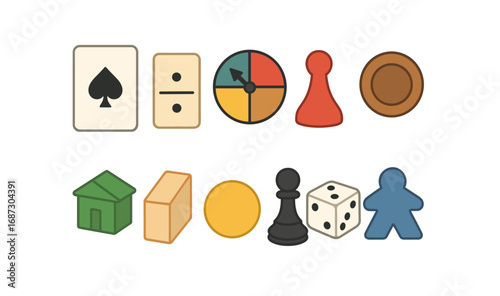 Board game icon set: flat style for gaming, dice, and strategy