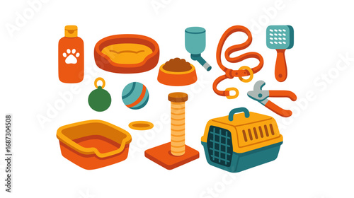 Pet care silhouette icon set: supplies, toys, grooming, food, outline collection