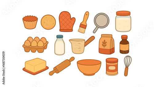 Baking tools flat icon set. essential kitchen, cooking utensils flat collection