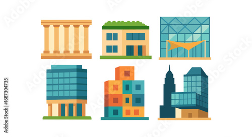 Architecture, building flat icon set. urban, structure, real estate flat icons collection