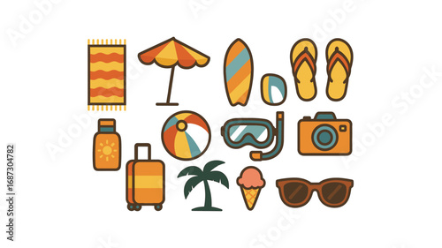 Beach essentials flat icon set: summer, vacation, travel, holiday, leisure icons collection