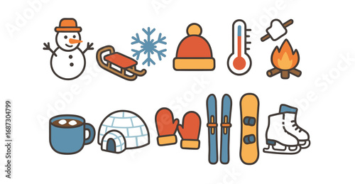 Winter activities flat icon set. snow, holiday, sports icons collection for winter fun