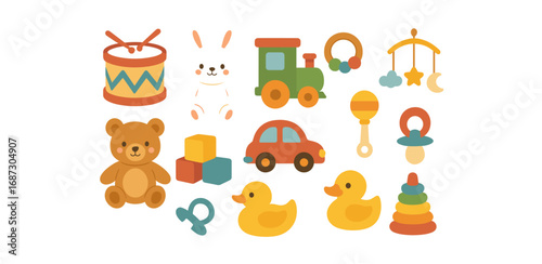 Baby toys flat icon set. child playtime, nursery icons collection