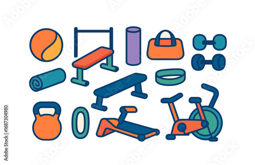 Fitness and gym outline icon set. equipment, exercise symbols in outline style