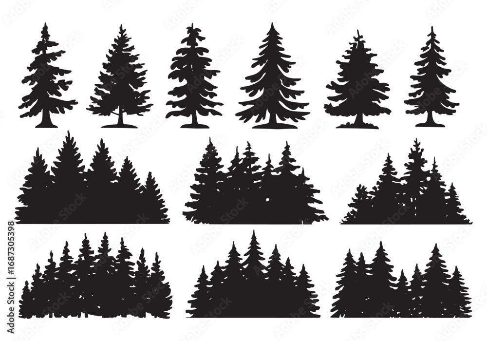 Fototapeta premium Collection of diverse pine tree silhouettes for natural and forest scene designs white background