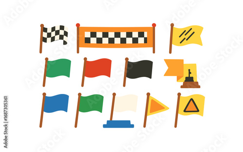 Racing flags flat icon set. motorsport, checkered, finish line flat icons collection