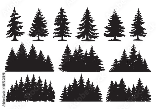 Collection of diverse pine tree silhouettes for natural and forest scene designs white background