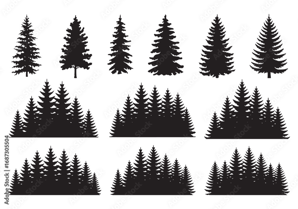 Fototapeta premium Collection of diverse pine tree silhouettes representing forest and woodland scenes white background