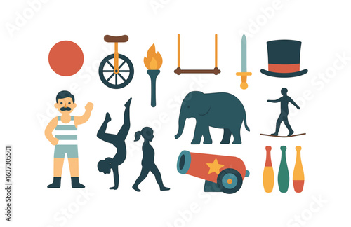 Circus, performance flat icon set. acrobat, juggling, unicycle icons collection