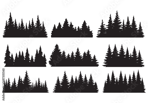 Collection of silhouettes of dense pine forest evergreen tree lines nature landscape white background