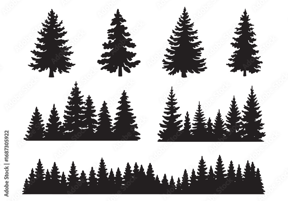 Obraz premium Collection of diverse silhouette evergreen pine trees and forest scenery elements white background