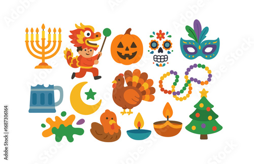 Holiday and festival icon set. celebrate with our colorful flat style icons