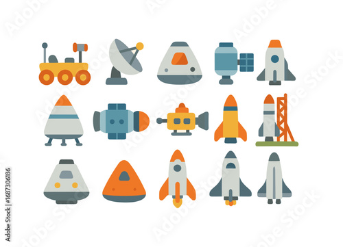 Space exploration flat icon set. rocket, spaceship, satellite, rover, ufo icons collection