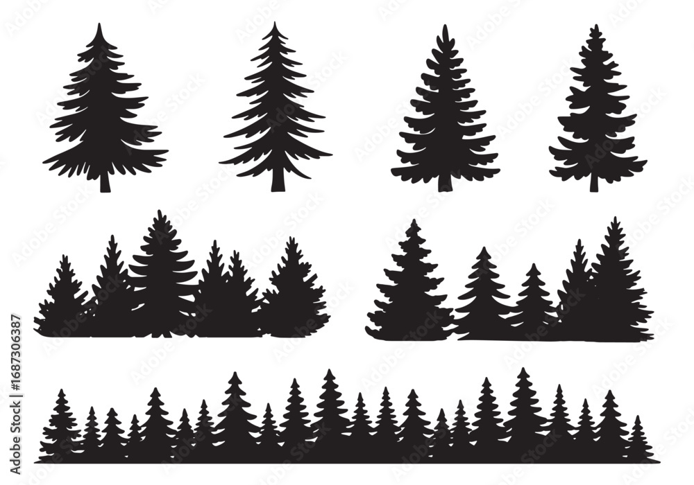 Obraz premium Silhouette forest collection set of evergreen trees for nature landscape design elements white background