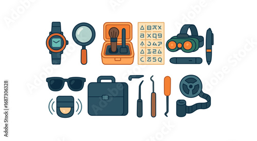 Spy gadgets icon set. espionage, surveillance, investigation icons flat style