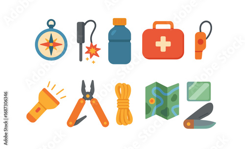 Camping essentials flat icon set. outdoor gear, survival kit in flat illustrations