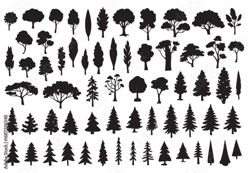 Diverse collection of silhouetted trees in various styles for nature design elements white background