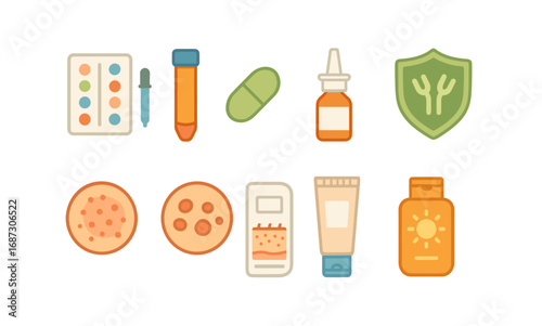 Medicine and healthcare flat icon set. medical supplies, pharma essentials collection