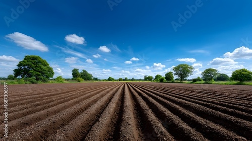 A vast, neatly plowed agricultural field stretches out under a bright, cloudless sky, with rows of freshly planted crops creating a symmetrical pattern across the fertile landscape.