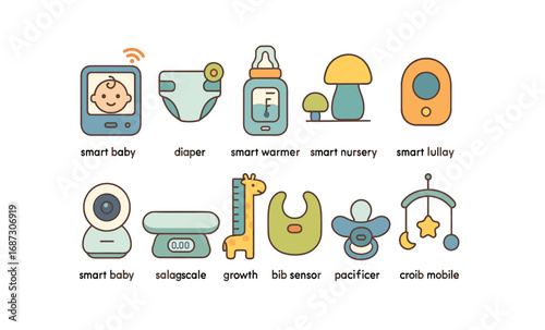 Smart baby flat icon set: nursery, diaper, pacifier, lullaby, growth devices