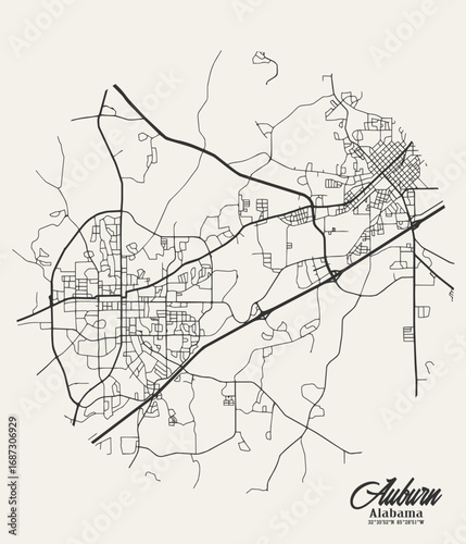 Art & Illustration Abstract vector map of Auburn, Alabama, United States, with color combination for wall poster and home