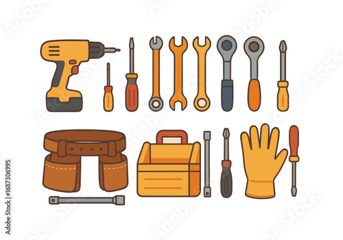 Construction tools flat icon set. hammer, drill, wrench toolkit collection