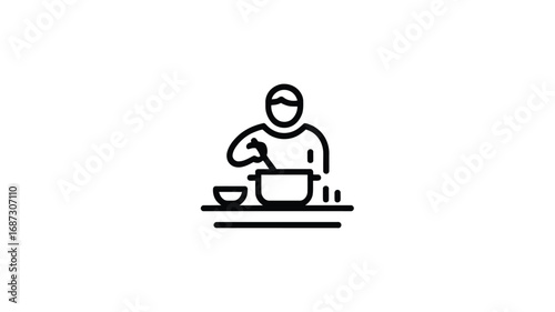 Simple line art icon of a person stirring ingredients in a bowl