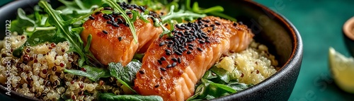 Healthy bowl featuring quinoa, salmon, and fresh greens artfully arranged on a pale sage background for a nutritious and wholesome meal presentation