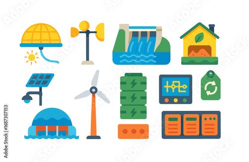 Renewable energy, environmental flat icon set. solar, wind, sustainability icons collection