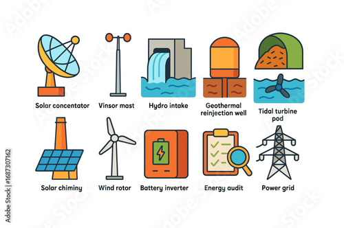 Renewable energy flat icon set. solar, wind, hydro, geothermal, tidal, power icons