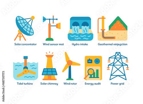 Renewable energy flat icon set. solar, wind, hydro, geothermal, and tidal icons