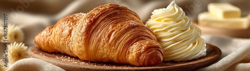 Deliciously flaky croissant with melted butter artistically placed on an ivory ceramic plate against a soft cream background for a cozy culinary experience