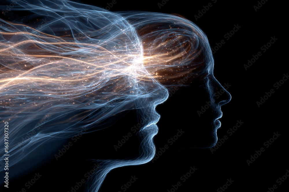 Obraz premium Two ethereal heads connected by glowing energy streams a visual representation of mental connection or shared consciousness