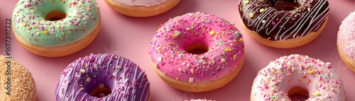 Exquisite array of artisan donuts in vibrant colors and unique toppings arranged on a flat lay against a soft light pink background for a charming visual appeal