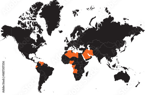 OPEC Members Highlighted on World Map Silhouette Editable High Detail