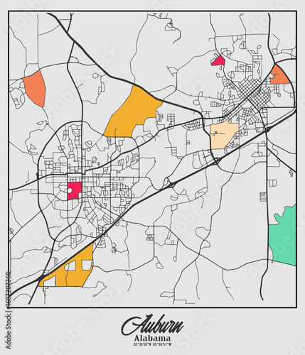 Art & Illustration Abstract vector map of Auburn, Alabama, United States, with color combination for wall poster and home