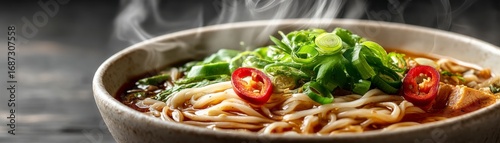 Flavorful bowl of tom yum noodles presented in a bright white studio setting, highlighting its fresh ingredients and aromatic broth, perfect for food lovers and asian cuisine enthusiasts