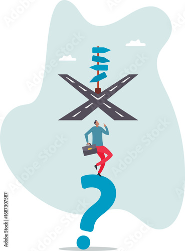 Business crossroads, finding solution or direction for success, confusion or what next challenge, opportunity choice or alternative.about a man and his life.