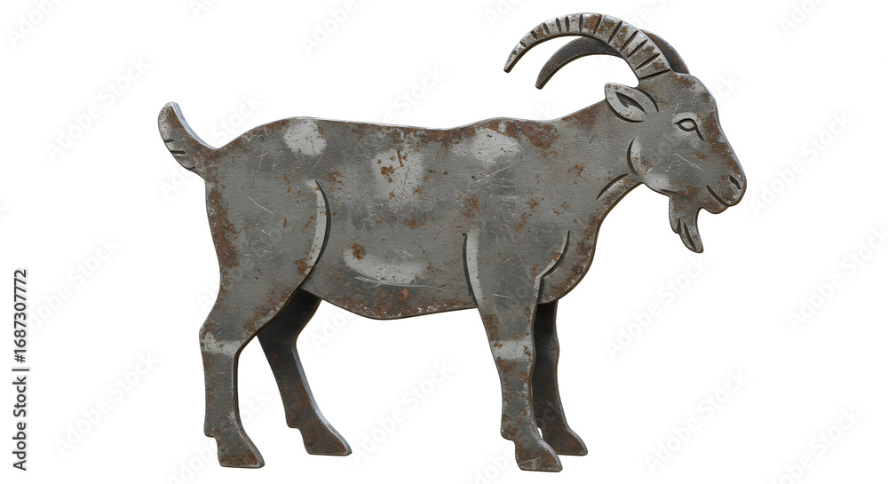 Obraz premium FARMING - Rusty metal goat sculpture statue isolated on white background, perfect for garden decoration or rustic art projects