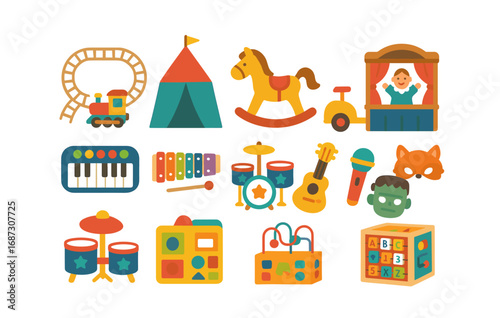 Toys and games flat icon set. playful, fun activity icons in flat styling