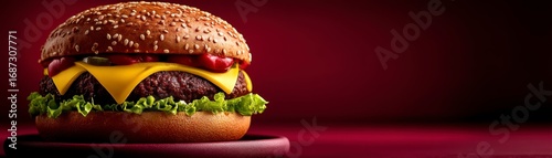 A premium cheeseburger sitting proudly on a pedestal surrounded by a warm gradient red background highlighting the juicy ingredients and gourmet quality of this classic american delight