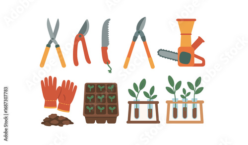 Gardening tool flat icon set. essential tools and planting symbols collection