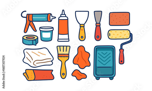 Home renovation flat icon set. tools, brushes, and tape in flat style