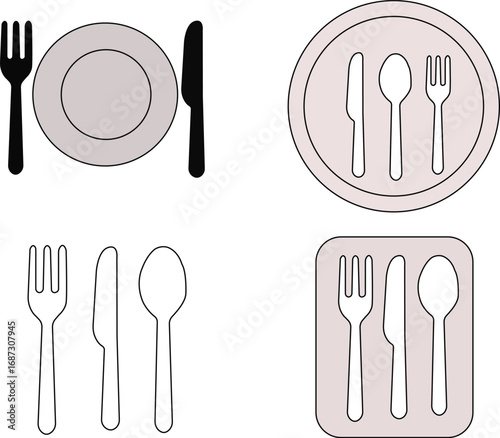 Restaurant menu icons set, Fork, knife, and plate different style icon set, A collection of restaurant icons featuring spoons, knives, and forks in circular designs on white background.