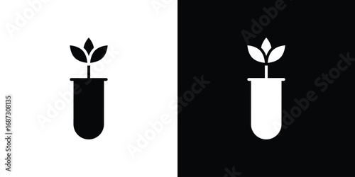 Test tube with plant icons set. Black and white silhouette collection