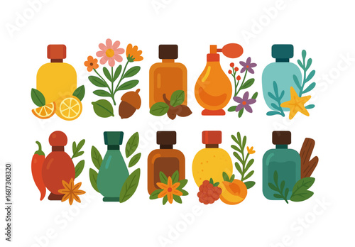 Aromatherapy and essential oils flat icon set. lavish botanical collection