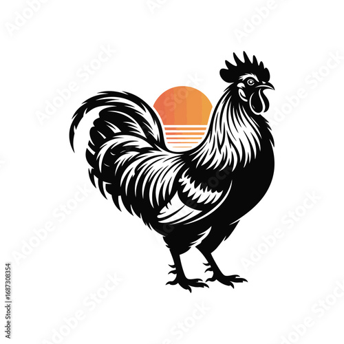 Rooster Silhouette Illustration with Sunset Backdrop Farm Animal Vector Graphic Design