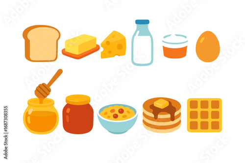 Breakfast food flat icon set. bread, cheese, milk, and honey flat collection