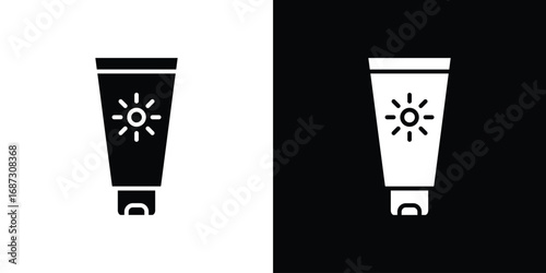 Suntan cream icons set. Black and white silhouette collection